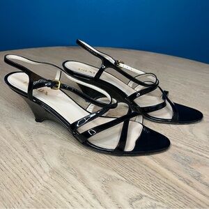PRADA Black Patent Leather Strappy Open Toe Wedge Kitten Sandal Women’s Size 40